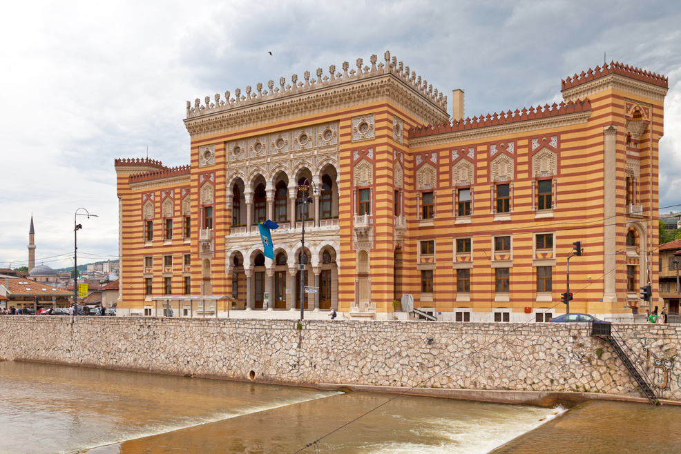 Sarajevo City Hall alongside of the Miljacka River